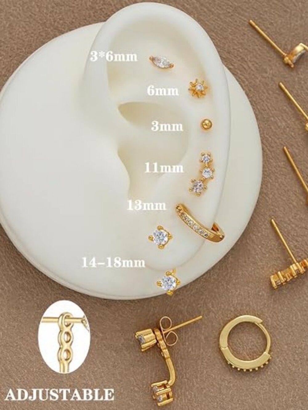 6 Pairs 14K Gold Plated Stud Earrings for Women, CZ Cartilage Stack Set - Picture 5 of 6